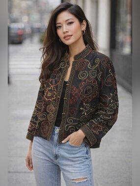 Vintage Chicos Jacket Asian Inspired Black 100% Silk Sz 3 Beaded Embroidered